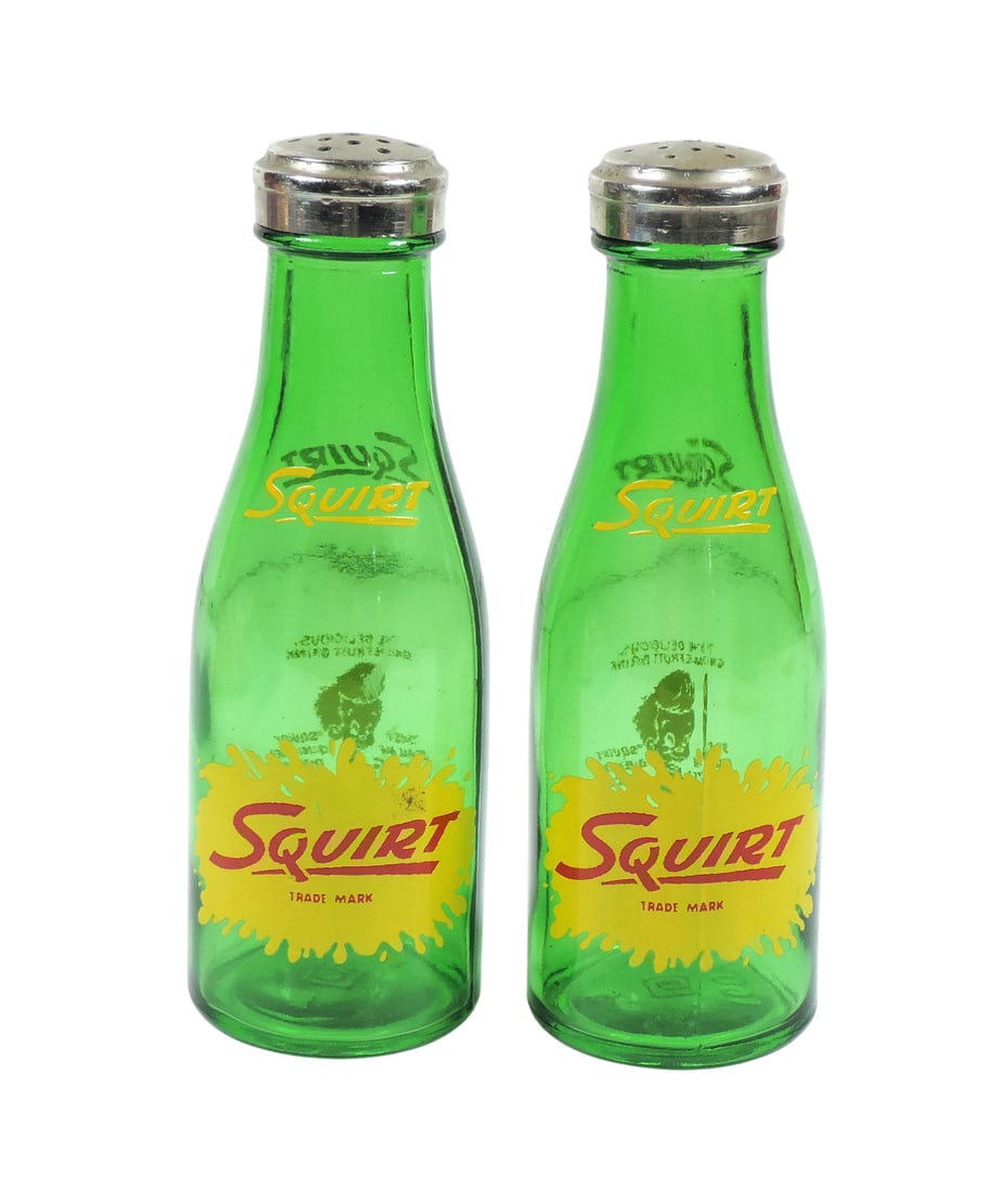 Squirt S&P Shakers, advertising Squirt Soda Bottles, green glass/metal tops, Exc cond, H 5.5 in.: Squirt S&P Shakers, advertising Squirt Soda Bottles, green glass/metal tops, Exc cond, H 5.5 in.