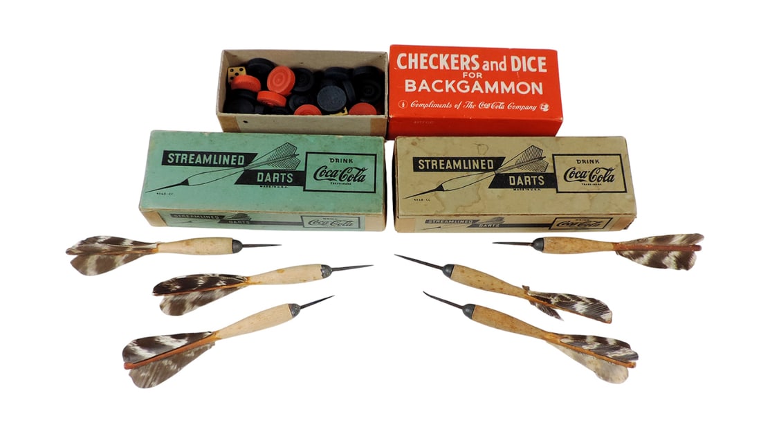 Coca-Cola Games (3), Coca-Cola Streamlined Darts, 2 orig boxes w/3 darts, wooden barrel, steel ti... (1 of 1)