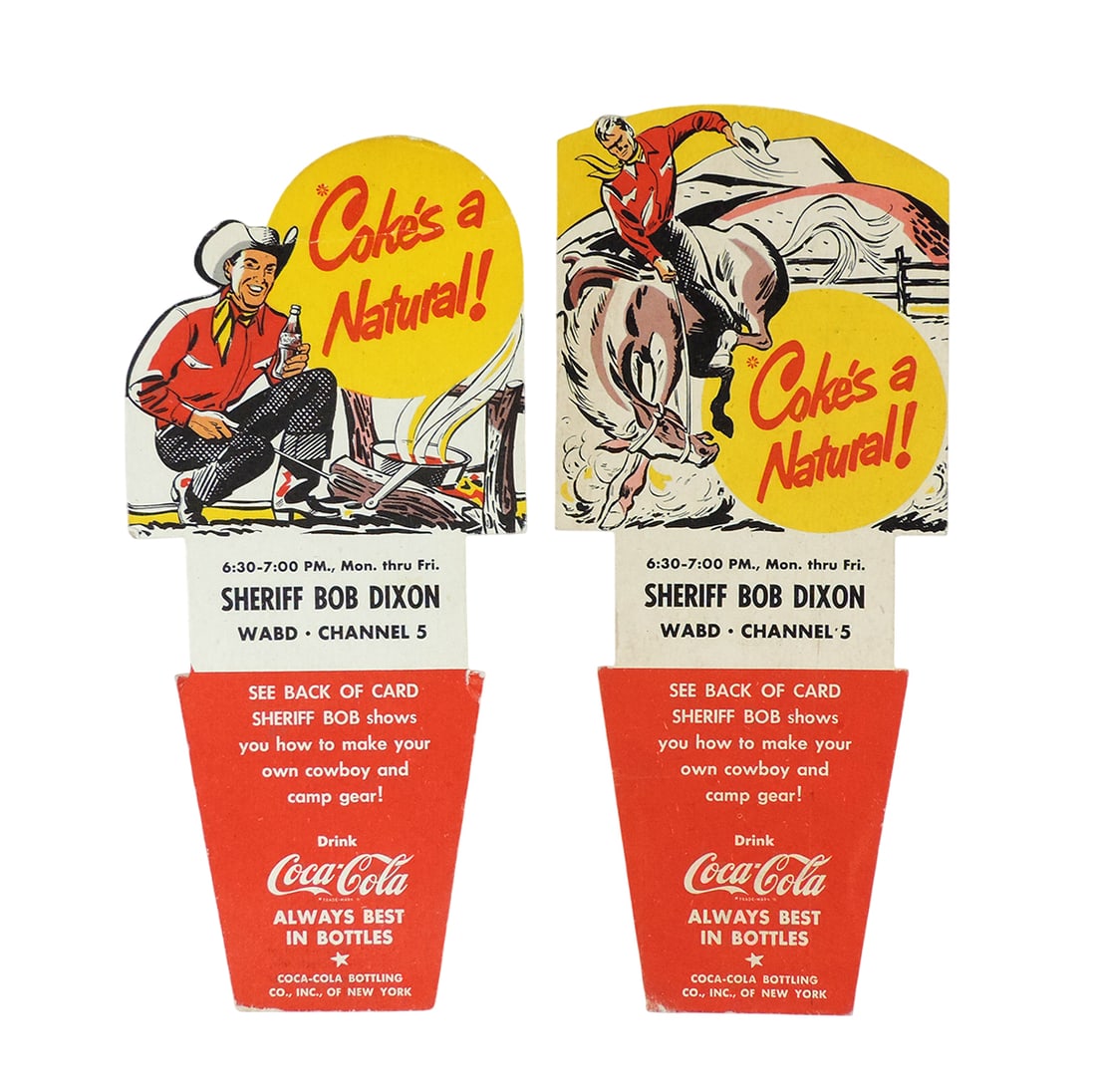 Coca-Cola Carton Toppers (2), c.1940-50s, promotional item for the "Sheriff Bob Dixon" show on WABD (1 of 2)