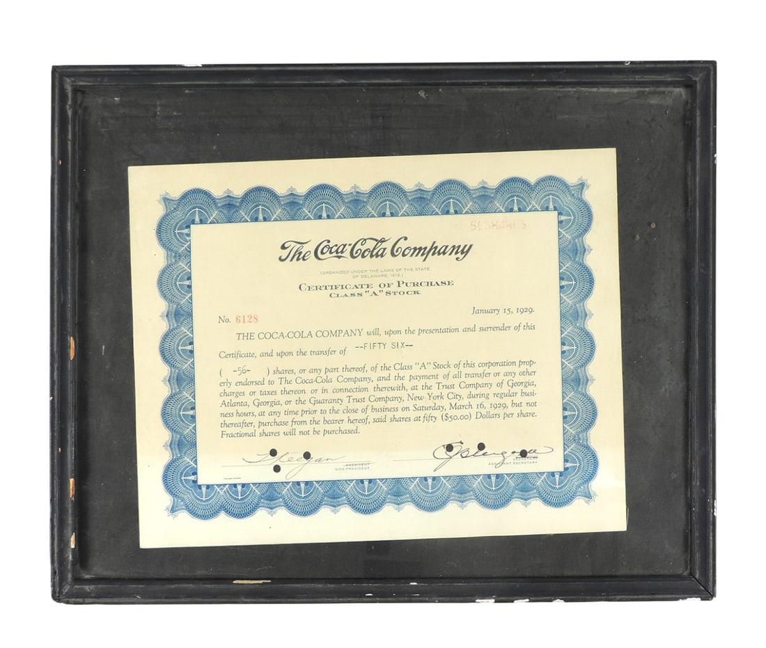 Cola-Cola Stock Certificate of Class "A" Stock, The Coca-Cola Company (organized under the laws o...: Cola-Cola Stock Certificate of Class "A" Stock, The Coca-Cola Company (organized under the laws of the state of Delaware, 1919) Certificate of Purchase Class "A" Stock, No. 6128, January 15, 1929, in