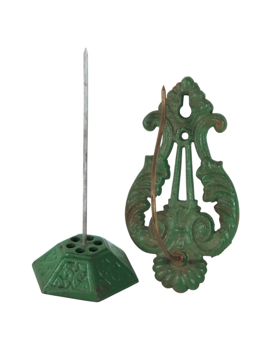 Country Store Receipt Spike or Bill Holders (2), green painted cast iron, one wall mount w/Made i... (1 of 1)