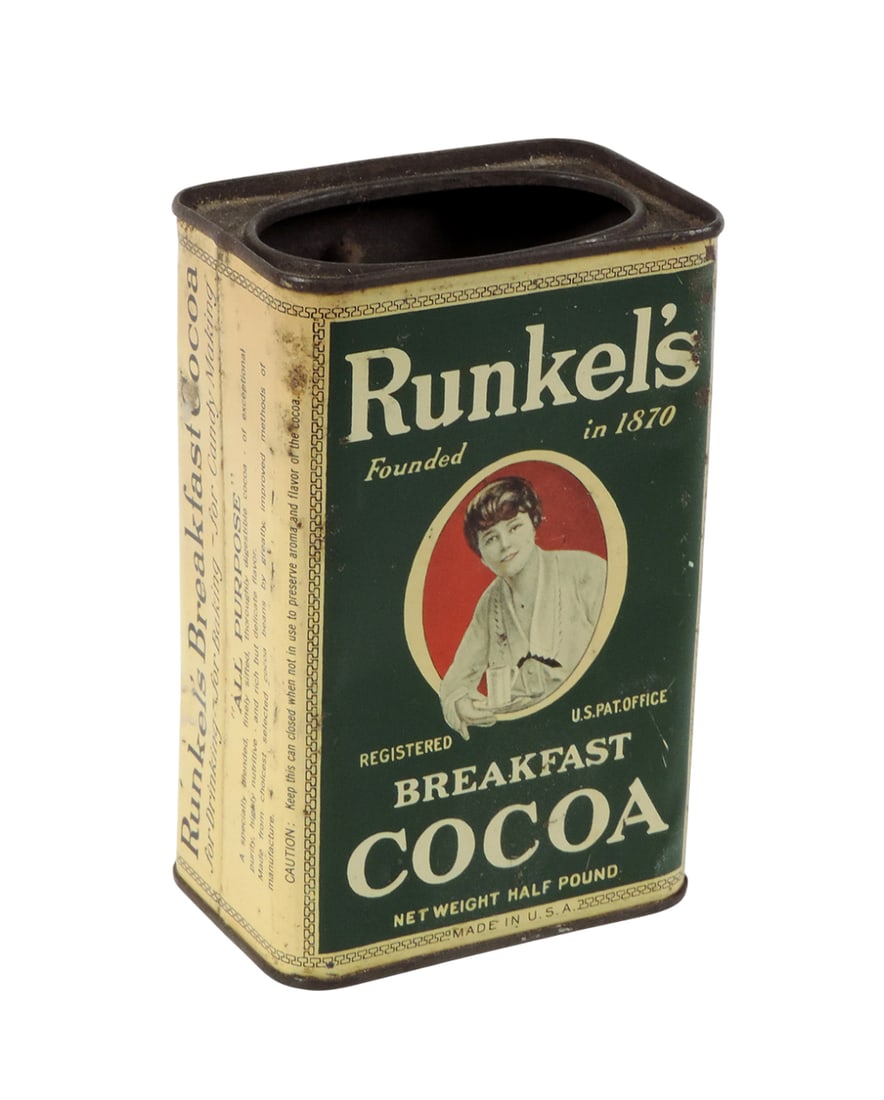 Country Store Runkel's Breakfast Cocoa Tin, Mfg by Runkel Brothers, Inc., New York City, Made in ...: Country Store Runkel's Breakfast Cocoa Tin, Mfg by Runkel Brothers, Inc., New York City, Made in USA, litho on tin, Net Wt Half Pound, no product, c. early 1900s, VG cond w/minor oxidation, H 5 in.