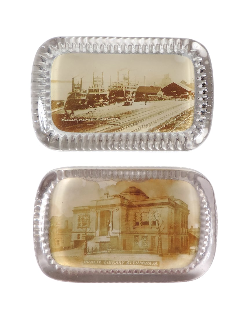 Paperweights (2), Public Library Ottumwa, Iowa & Steamer Landing, Burlington, Iowa, glass, c. early: Paperweights (2), Public Library Ottumwa, Iowa & Steamer Landing, Burlington, Iowa, glass, c. early 1900s, both are in Exc cond, W 4 in.