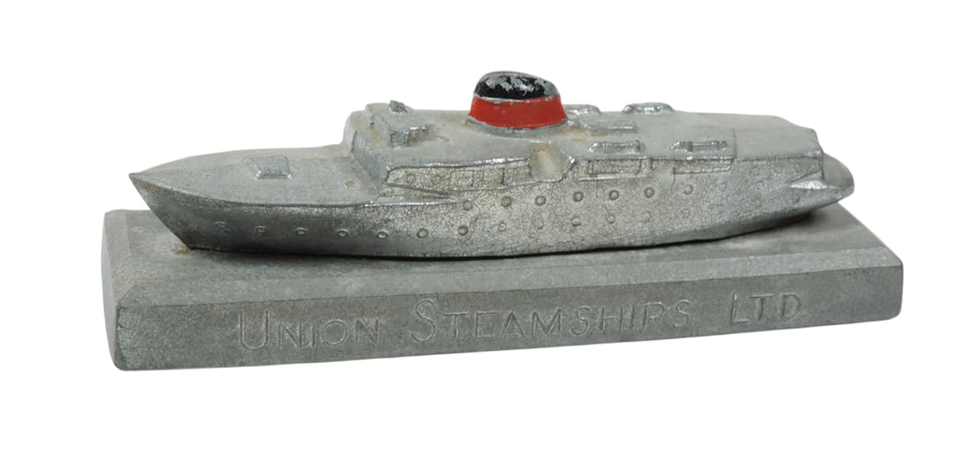 Paperweight, Union Steamship Ltd, Vancouver Canada, Metal figural shaped, Exc cond, L 6 in. (1 of 2)