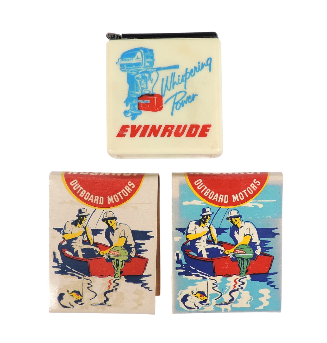 Evinrude Tape Measure & Johnson Outboard Motor Matchbooks (3), Whispering Power Evinrude Tape Mea...: Evinrude Tape Measure & Johnson Outboard Motor Matchbooks (3), Whispering Power Evinrude Tape Measure, Masters & Matchbooks (NOS w/orig contents) advertising Gambles (Sullivan Brothers) Guns-Ammunitio