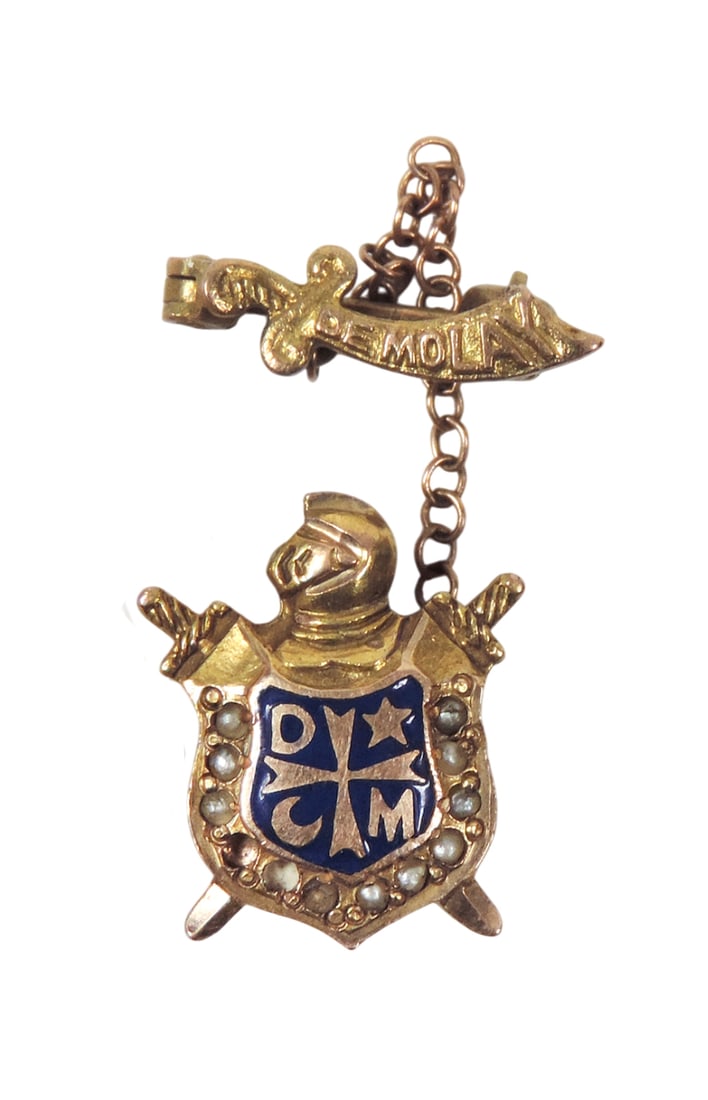 DeMoly Badge & Guard Masonic Youth Pin w/chain, 10K Yellow Gold, blue enamel w/white seed pearls ... (1 of 1)