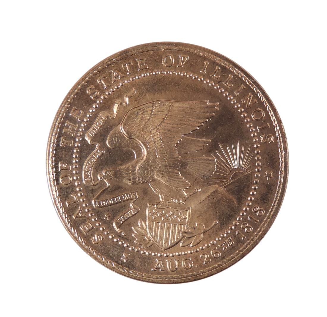 Illinois Sesquicentennial Commemorative Medal/Coin, embossed Illinois Sesquicentennial 150 Years of: Illinois Sesquicentennial Commemorative Medal/Coin, embossed Illinois Sesquicentennial 150 Years of Progress, 1818-1968 & Seal of The State of Illinois Aug, 16th 1818, bronze w/reeded edge, symbolizes