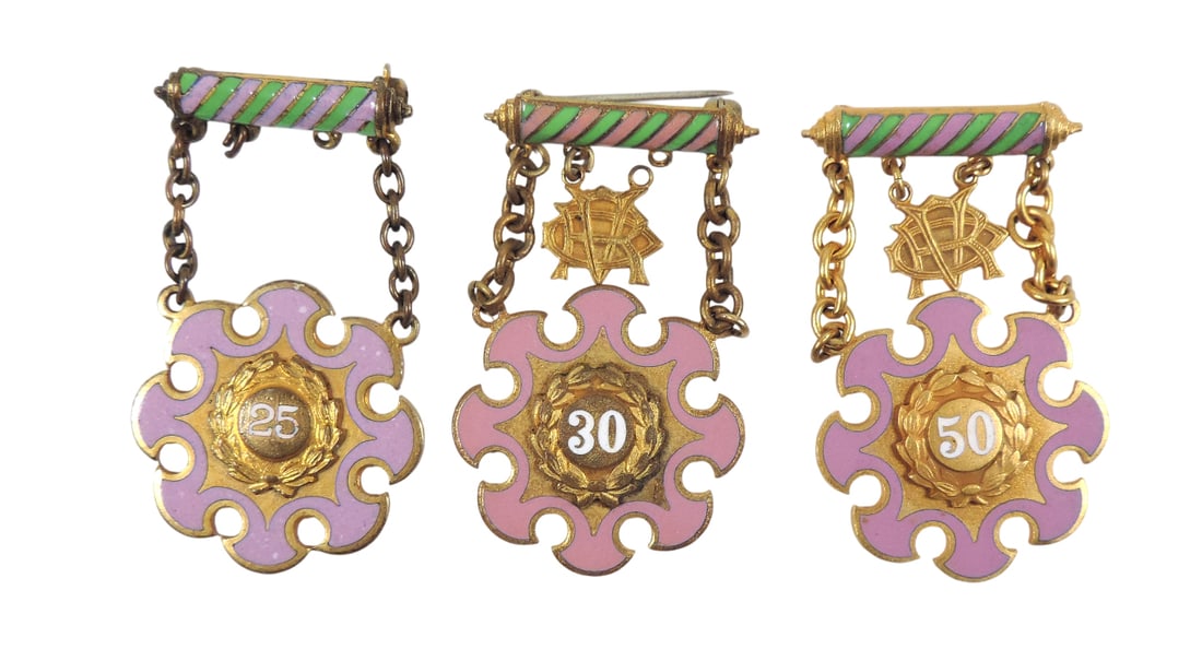 Daughters of Rebekah, Women's Auxiliary of the Independent Order of Odd Fellows Pin (3), 50 Year-...: Daughters of Rebekah, Women's Auxiliary of the Independent Order of Odd Fellows Pin (3), 50 Year-Kansas-3016, 25 Year-Kansas-869 & 30 Year-Texas-489, gold filled metal/enamel, c. early 1900s, VG cond 