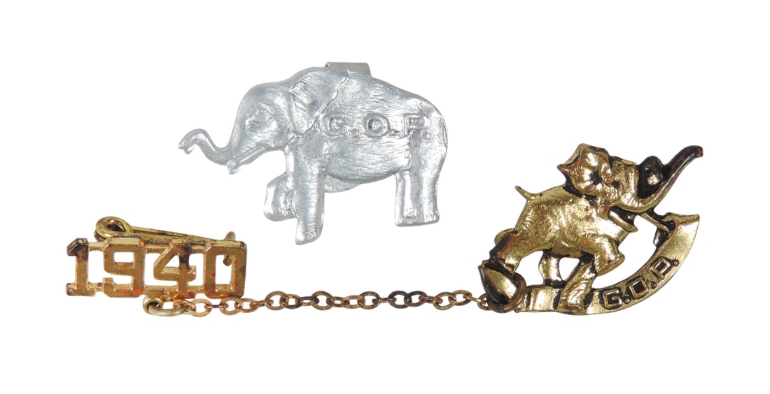 Republican Party Elephant Pins (2), silver-tone lightweight metal, embossed w/G.O.P., Made by Gre... (1 of 1)