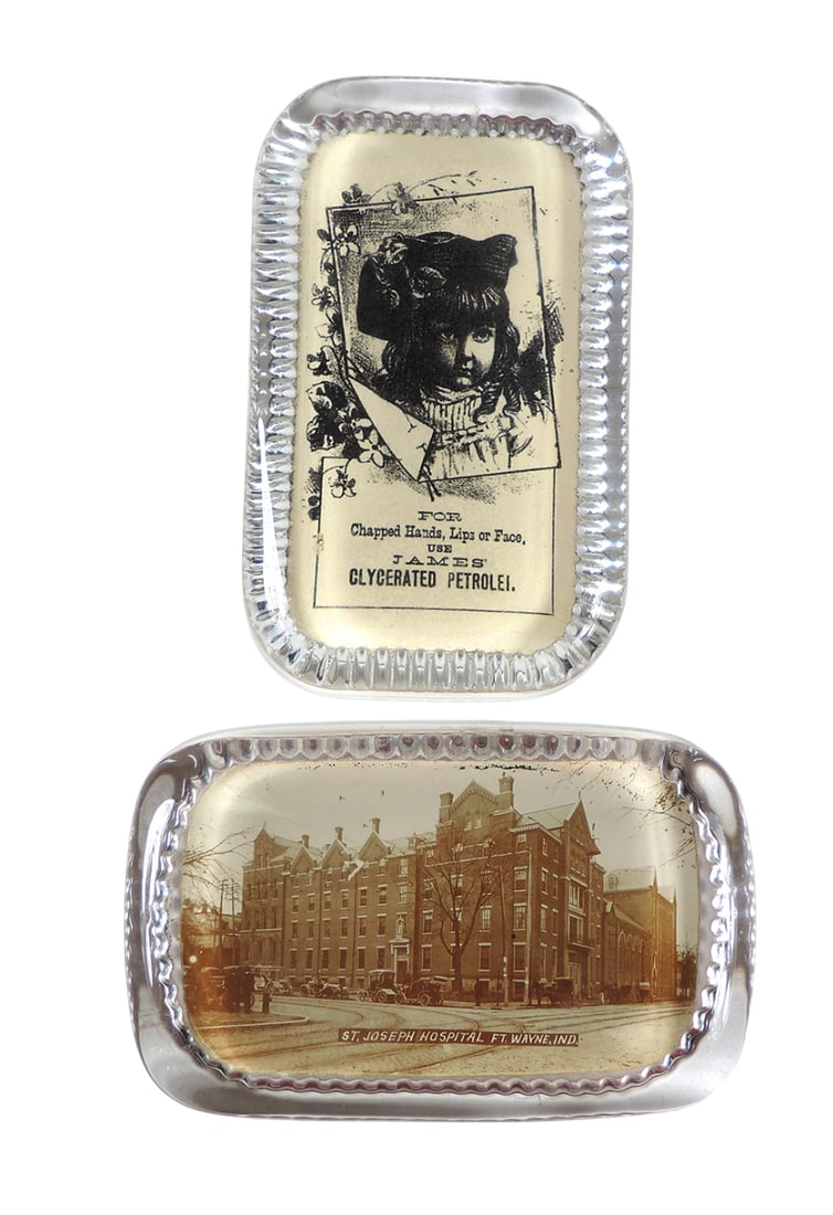 Paperweights (2), St. Joseph Hospital, Ft. Wayne, Ind-USA, stamped A.C. Bosselman & Co., 469 Broa...: Paperweights (2), St. Joseph Hospital, Ft. Wayne, Ind-USA, stamped A.C. Bosselman & Co., 469 Broadway, New York on back & For Chapped Hands, Lips or Face Use James Clycerated Petrolei, glass, both are