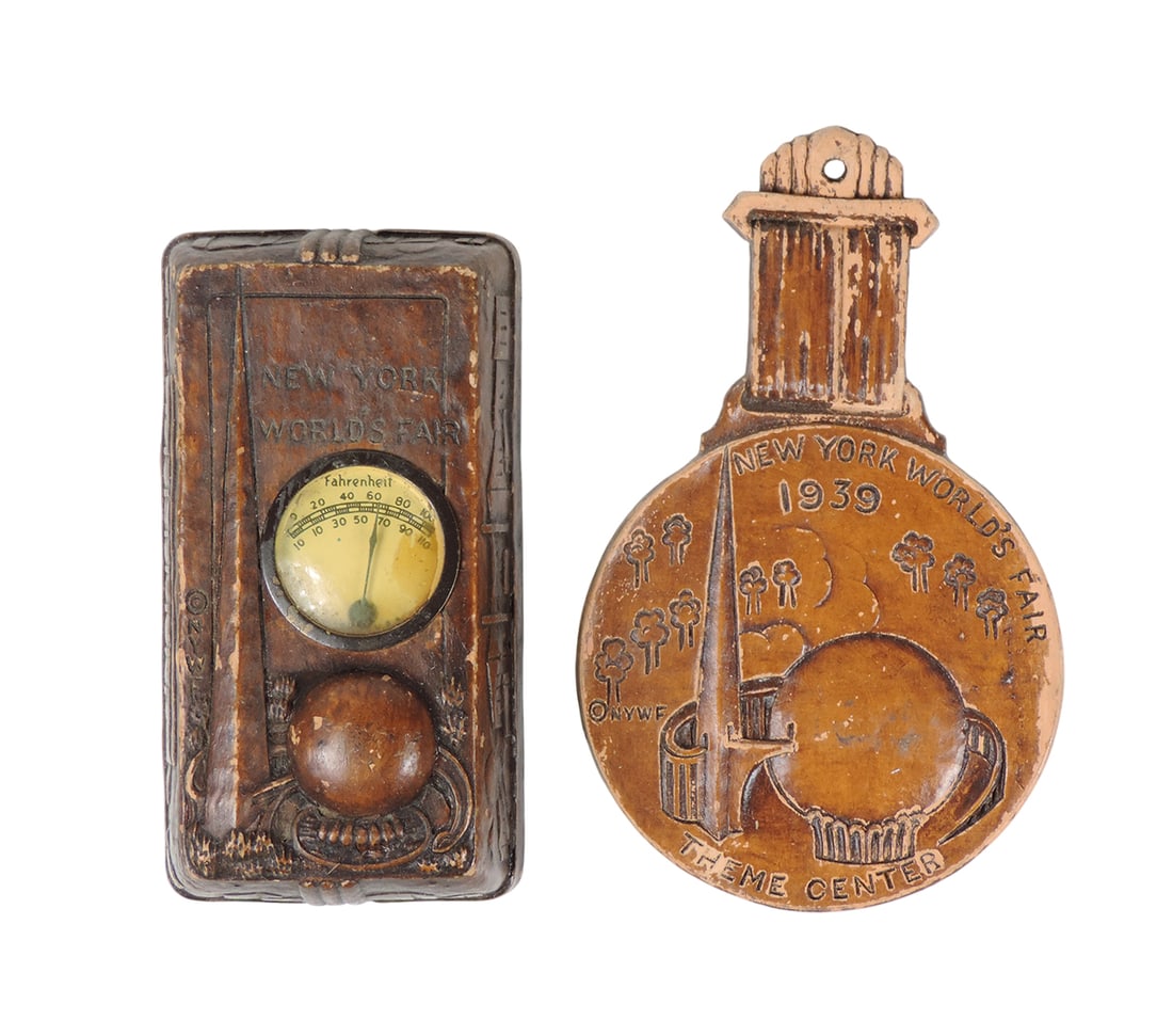 1939 World Fair Souvenirs (2), Thermometer & Plaque, 1939 New York World's Fair featuring the ico...: 1939 World Fair Souvenirs (2), Thermometer & Plaque, 1939 New York World's Fair featuring the iconic Trylon & Perisphere symbols of the fair, syroco wood (molded wood-pulp) NYWF, VG cond w/minor age-r