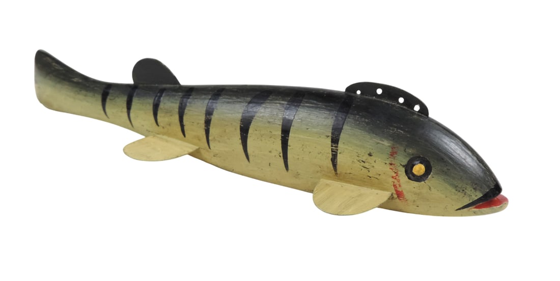 Folk Art Fish Decoy, handcrafted wood w/tin fins, hand painted, marked RJ on bottom-Ron Jacobson ... (1 of 2)