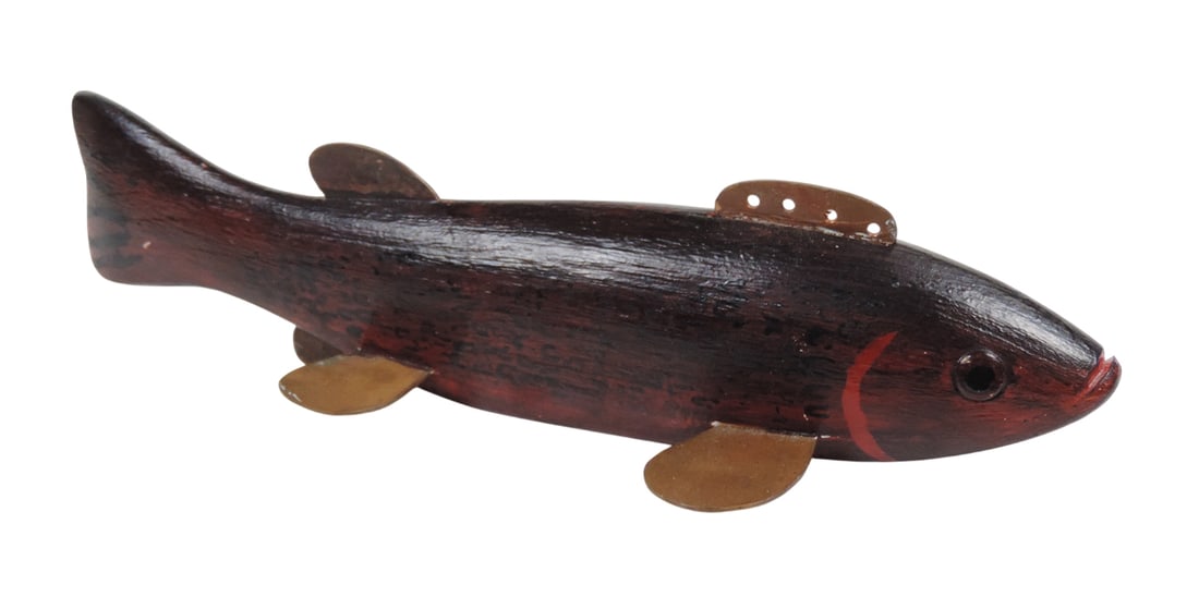 Folk Art Fish Decoy, marked RJ on bottom-Ron Jacobson artist, handcrafted wood w/tin fins, hand p... (1 of 2)