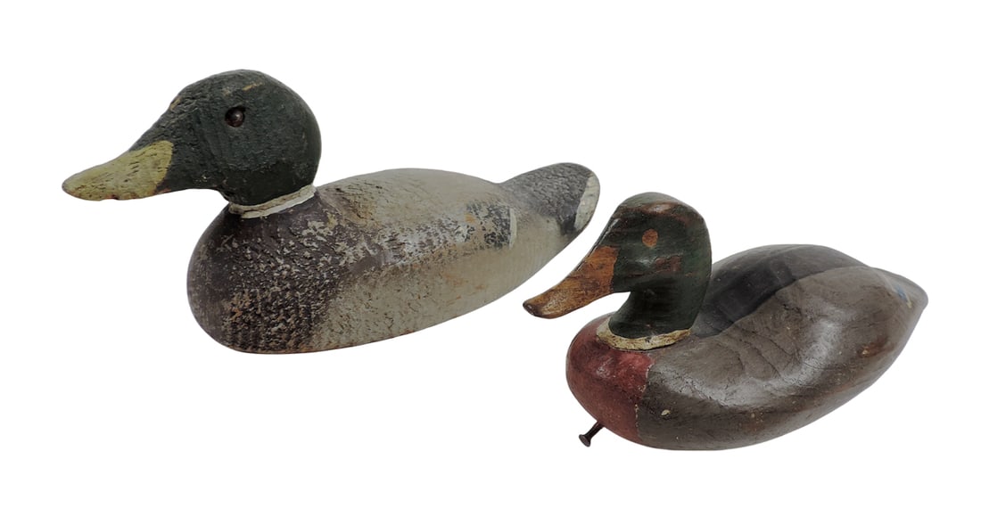 Duck Decoys (2), Miniature/Salesman Samples, Mallard, hand-carved wood, hand painted, metal nail in (1 of 1)