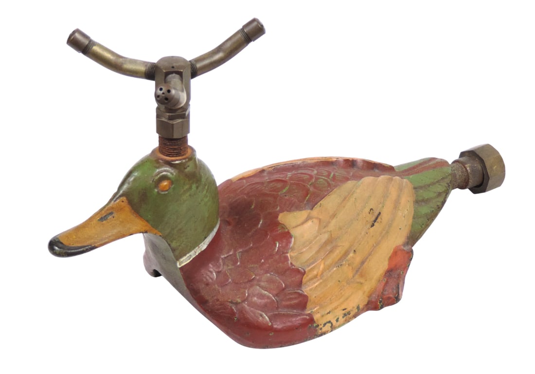 Duck Lawn Sprinkler, Mallard, cast iron w/brass fittings for sprinkler head/hose connection, c. e... (1 of 2)