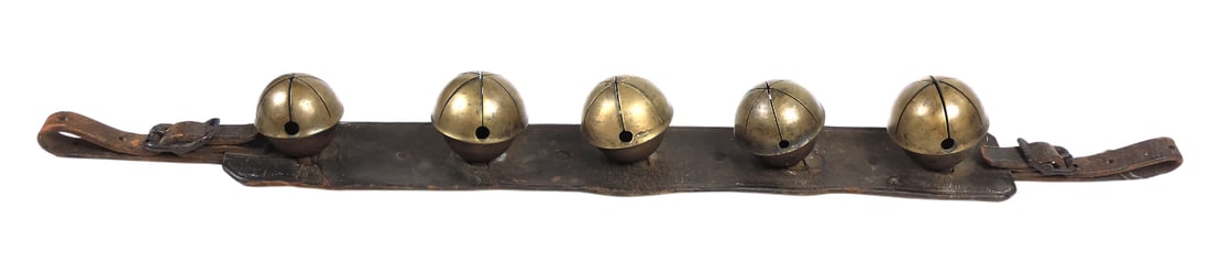 Sleigh Bells, brass mounted to leather strap, steel rivets/buckles on both ends, bells range in s... (1 of 1)