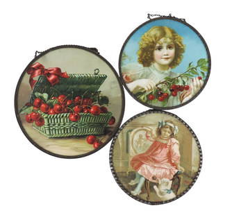 Victorian Chimney Flue Covers (3), Colored lithograph of Children/Cherries w/brass outside trim, ...: Victorian Chimney Flue Covers (3), Colored lithograph of Children/Cherries w/brass outside trim, cherries are embossed, Made in Germany on back, glass/metal w/cardboard backing, c. late 1800s-early