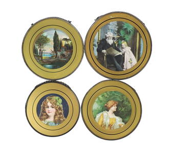 Victorian Chimney Flue Covers (4), Litho Prints framed w/gold border, reverse-painted on glass w/...: Victorian Chimney Flue Covers (4), Litho Prints framed w/gold border, reverse-painted on glass w/brass outside trim, cardboard backing, unmarked, c. late 1800s-early 1900s, VG cond w/some age-related