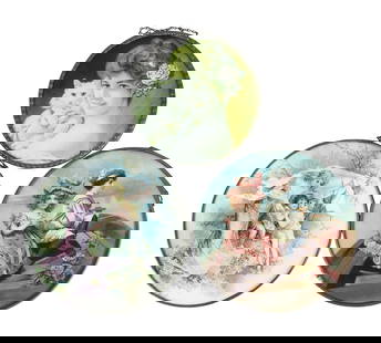 Victorian Chimney Flue Covers (3), Litho Prints framed w/brass, glass w/cardboard backing, unmark...: Victorian Chimney Flue Covers (3), Litho Prints framed w/brass, glass w/cardboard backing, unmarked, c. late 1800s-early 1900s, Exc cond, up to Dia 9.5 in. 