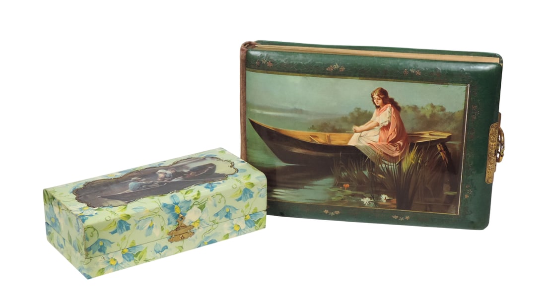 Victorian Cabinet Card Album/Vanity Box (2), Cabinet Card Album, celluloid cover w/Lady in boat, 10 (1 of 4)
