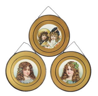 Victorian Chimney Flue Covers (3), Litho Prints Framed w/gold border reverse painted on glass w/b...: Victorian Chimney Flue Covers (3), Litho Prints Framed w/gold border reverse painted on glass w/brass outside trim, cardboard backing, unmarked, c. late 1800s-early 1900s, Exc cond, up to Dia 8 in. 