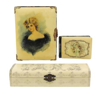 Victorian Cabinet Card Album/Fan Box/Notebook (3), 12 heavy cardstock pgs filled w/14 Cabinet Car...: Victorian Cabinet Card Album/Fan Box/Notebook (3), 12 heavy cardstock pgs filled w/14 Cabinet Cards, gilded bronze/brass clasps/accents, celluloid cover picturing beautiful young woman
