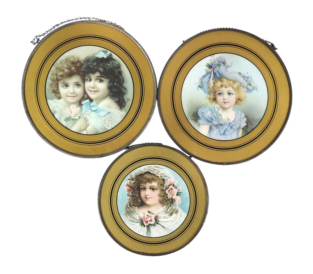 Victorian Chimney Flue Covers (3), Colored lithograph of children, framed w/gold border, reverse-... (1 of 1)