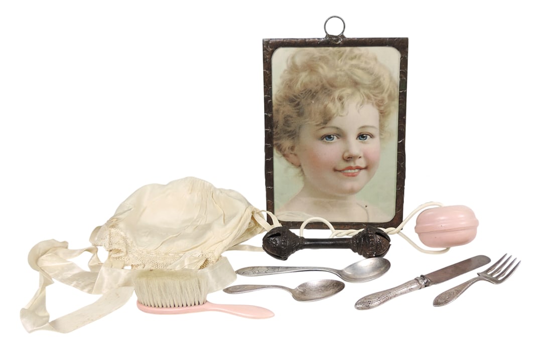 Antique Baby Items (9), Baby Rattle, cast bronze, dumbbell shaped, working cond, Pink Celluloid B...: Antique Baby Items (9), Baby Rattle, cast bronze, dumbbell shaped, working cond, Pink Celluloid Baby Rattle w/twisted wire handle, soft bristle Baby Brush, unmarked, Fork/Spoon set, embossed Williams 