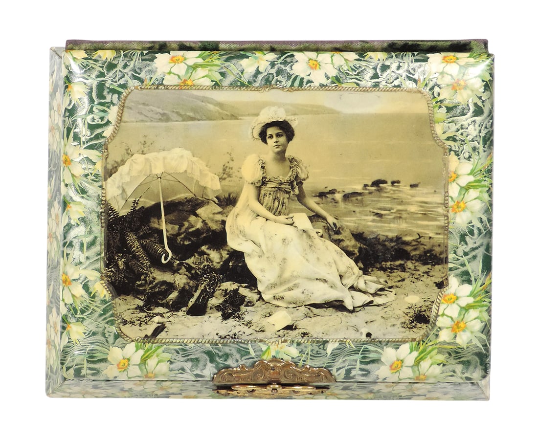 Victorian Musical Cabinet Card Album, 14 heavy cardstock pgs, no photos, gilded bronze/brass clas...: Victorian Musical Cabinet Card Album, 14 heavy cardstock pgs, no photos, gilded bronze/brass clasps/accents, Collen Bawn Symphony, working mechanism, Woman on beach celluloid cover, lithographed paper