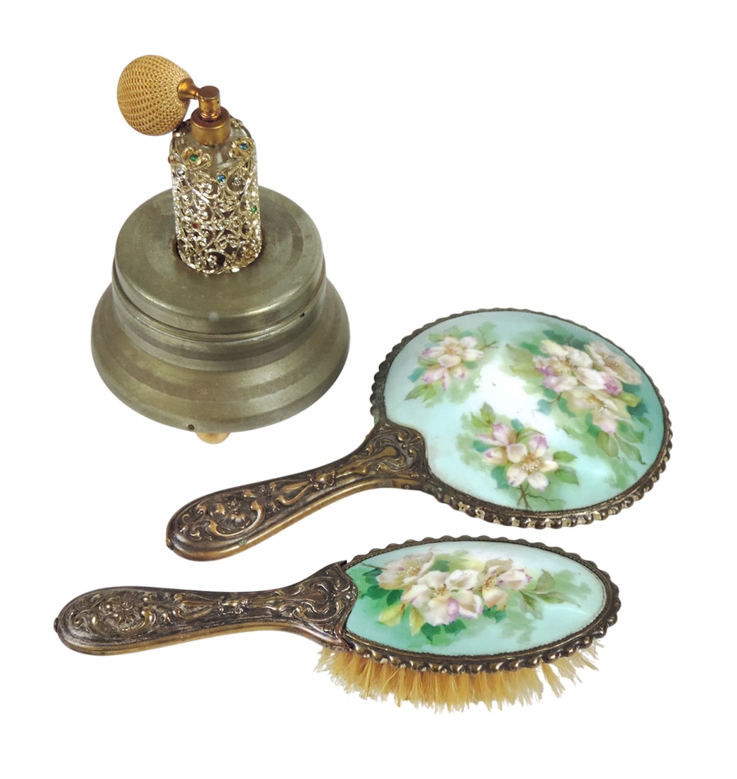 Victorian Perfume Atomizer Music Box & Vanity Set, features a metal filigree design w/colored jew... (1 of 3)