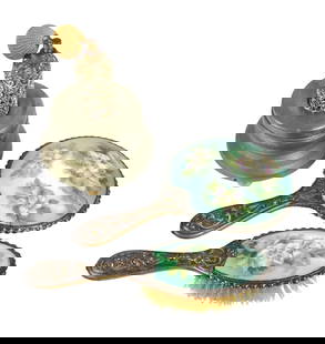 Victorian Perfume Atomizer Music Box & Vanity Set, features a metal filigree design w/colored jew...: Victorian Perfume Atomizer Music Box & Vanity Set, features a metal filigree design w/colored jewels on a glass perfume bottle, topped w/mesh-covered atomizer bulb, face powder compartment in base,