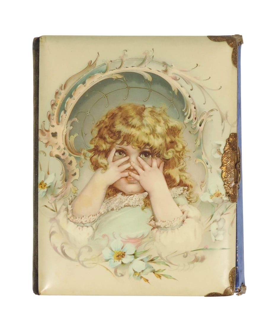 Victorian Musical Cabinet Card Album, 12 heavy cardstock pgs, no photos, gilded bronze/brass clas...: Victorian Musical Cabinet Card Album, 12 heavy cardstock pgs, no photos, gilded bronze/brass clasps/accents, plays 2 Airs, working mechanism, Child celluloid cover, blue paper-wrapped wood, c. late 18