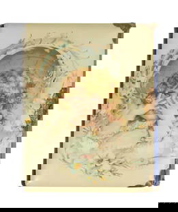 Victorian Musical Cabinet Card Album, 12 heavy cardstock pgs, no photos, gilded bronze/brass clas...: Victorian Musical Cabinet Card Album, 12 heavy cardstock pgs, no photos, gilded bronze/brass clasps/accents, plays 2 Airs, working mechanism, Child celluloid cover, blue paper-wrapped wood, c. late