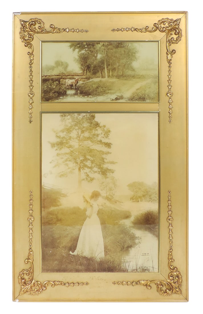 Victorian Sepia Tone Print, Copyright 1900 by Hargreaves Mfg, Co., each print is behind glass, pl...: Victorian Sepia Tone Print, Copyright 1900 by Hargreaves Mfg, Co., each print is behind glass, plaster/wood frame w/ornate metal filigree embellishments, wire for hanging, frame has some chipping, c.