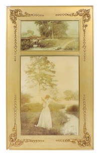 Victorian Sepia Tone Print, Copyright 1900 by Hargreaves Mfg, Co., each print is behind glass, pl...: Victorian Sepia Tone Print, Copyright 1900 by Hargreaves Mfg, Co., each print is behind glass, plaster/wood frame w/ornate metal filigree embellishments, wire for hanging, frame has some chipping, c.