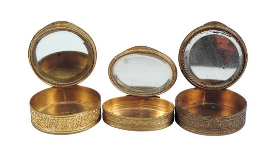 Victorian French Mirrored Powder Compacts (3), embossed France/Made in France, ormolu filigree w/...: Victorian French Mirrored Powder Compacts (3), embossed France/Made in France, ormolu filigree w/hand painted portrait/various stones (one missing), bronze gold-tone w/enameled detailing, c. late