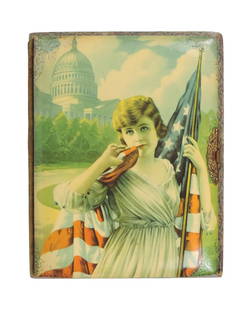 Victorian Musical Cabinet Card Album, 10 heavy cardstock pgs, filled w/14 various Cabinet Cards, ...: Victorian Musical Cabinet Card Album, 10 heavy cardstock pgs, filled w/14 various Cabinet Cards, gilded bronze/brass clasps/accents, plays 2 Airs, working mechanism, USA Patriot Woman celluloid