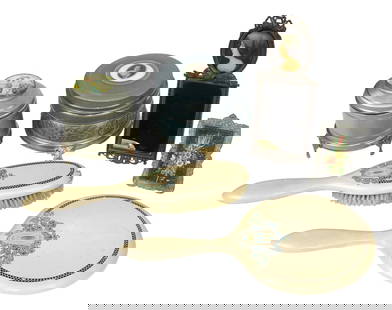 Victorian Vanity Items (6), Hand Mirror/Brush, embossed Florence/Florence Keepclean, Made in USA,...: Victorian Vanity Items (6), Hand Mirror/Brush, embossed Florence/Florence Keepclean, Made in USA, Musical Powder Box, Pewter/brass legs/celluloid lady on lid, Mirror w/celluloid lady/back stand,