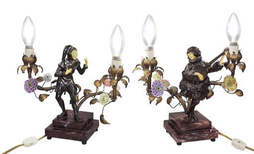 Art Deco Lamps (2), Jester & Figure playing banjo, marble base, metal body w/celluloid face, plas...: Art Deco Lamps (2), Jester & Figure playing banjo, marble base, metal body w/celluloid face, plastic flowers/metal leaves, untested, c. early 1900s, Exc cond, up to H 9.5 x W 12 x D 5 in. 