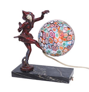 Art Deco Dancing Pixie Lamp, typically crafted from spelter (a zinc alloy resembling bronze) for ...: Art Deco Dancing Pixie Lamp, typically crafted from spelter (a zinc alloy resembling bronze) for the figure, celluloid face on dancer, Millefiori glass ball shade & marble base, orig paint has slight