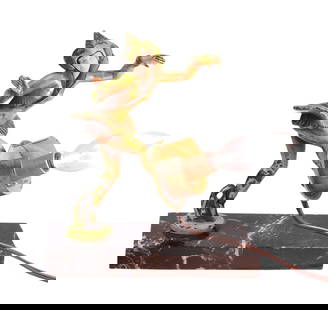 Art Deco Dancing Pixie Lamp, typically crafted from spelter (a zinc alloy resembling bronze) for ...: Art Deco Dancing Pixie Lamp, typically crafted from spelter (a zinc alloy resembling bronze) for the figure, no shade & marble base, celluloid face on dancer, orig paint has slight loss, bottom leg