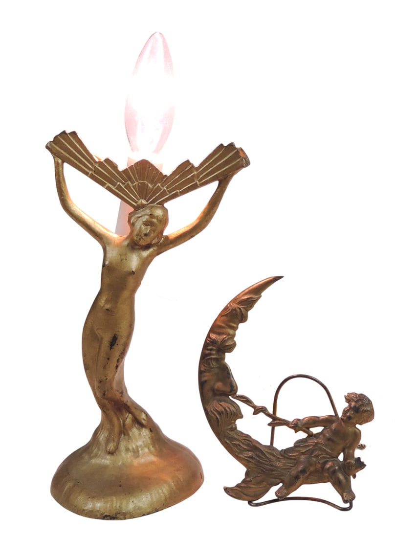 Art Deco Nude Lady Table Lamp & Victorian Vanity Mirror Stand, Lamp features a woman holding a fa...: Art Deco Nude Lady Table Lamp & Victorian Vanity Mirror Stand, Lamp features a woman holding a fan-like element, likely intended to support a mirror (not present), cast metal w/gold-toned finish, work