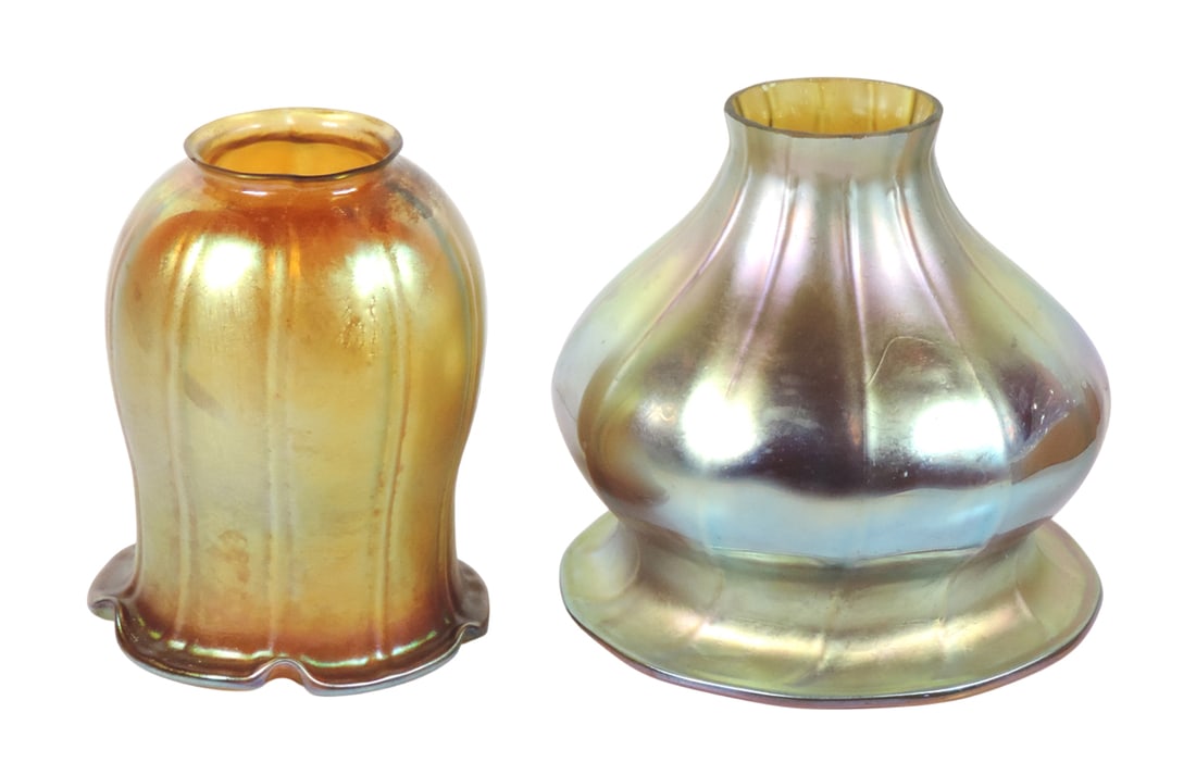 Art Glass Lamp Shades (2), in the style of Steuben or Quezal, gold iridescent "Aurene", early 20t...: Art Glass Lamp Shades (2), in the style of Steuben or Quezal, gold iridescent "Aurene", early 20th Century, both in Exc cond w/smaller having a very tiny no-harm chip on edge of collar, H 5 & W 5.5 in
