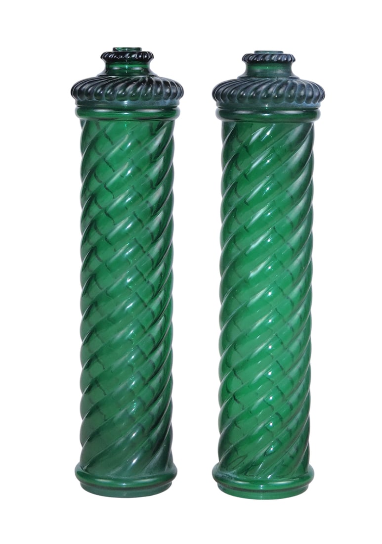 Emerald Green Glass Cylinder Lamp Bases or Candle Canisters, 2 w/covers, covers appear to have ha... (1 of 1)