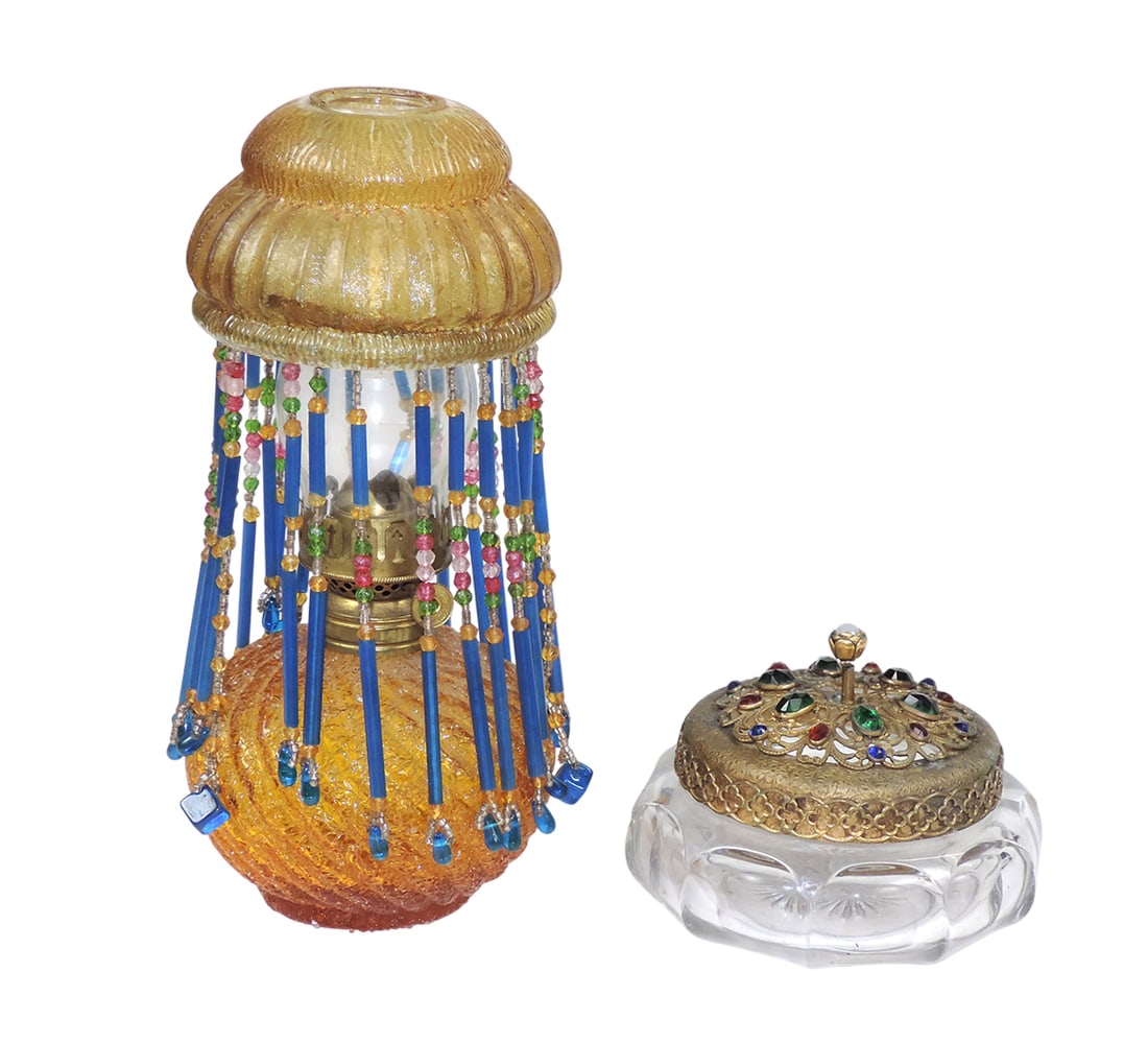 Vanity Items (3), P&A Hornet Mini Oil Lamp, amber, Heisey glass vanity jar w/brass lid & multi co... (1 of 1)