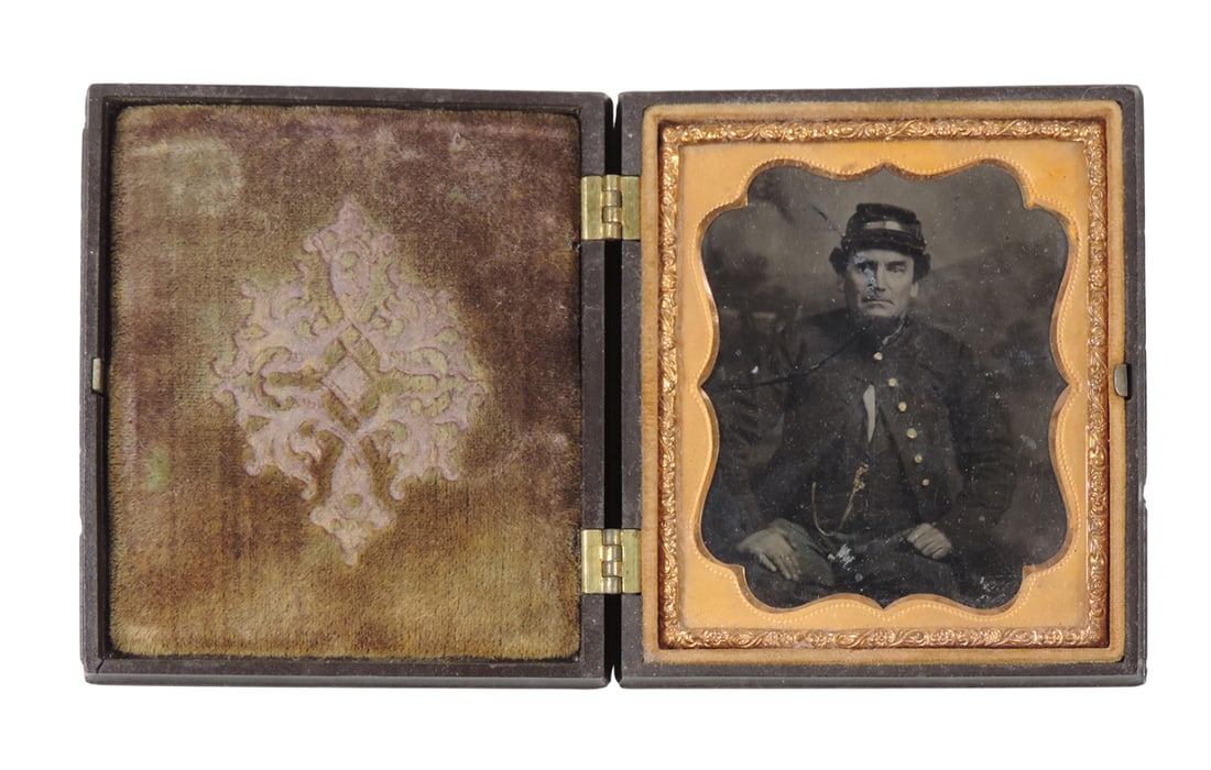 Daguerreotype Case w/Tintype of Man in Uniform, Littlefield, Parsons & Co., Mfg of Daguerreotype ... (1 of 2)