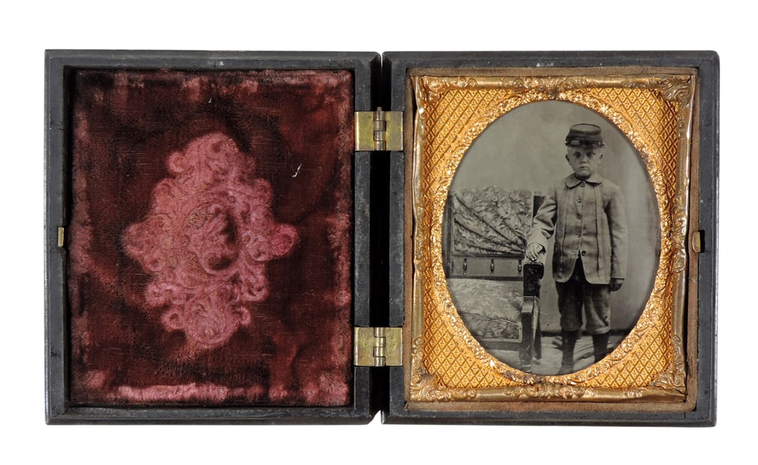 Daguerreotype Case w/Tintype, metal hinges/clasp, boy solider image, c. mid 1800s, Exc cond w/minor (1 of 2)