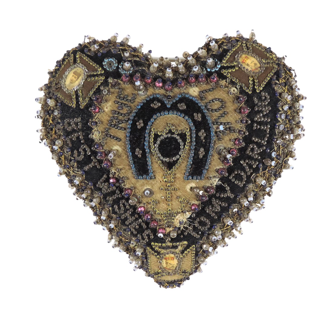 Folk Art Pillow, photos of King Edward VII & Queen Alexandra, glass/metal bead embellishments, "T...: Folk Art Pillow, photos of King Edward VII & Queen Alexandra, glass/metal bead embellishments, "True Love," "Best Wishes To My Darling," c. late 1800s-early 1900s, VG+ cond w/some missing beads, H 7 x