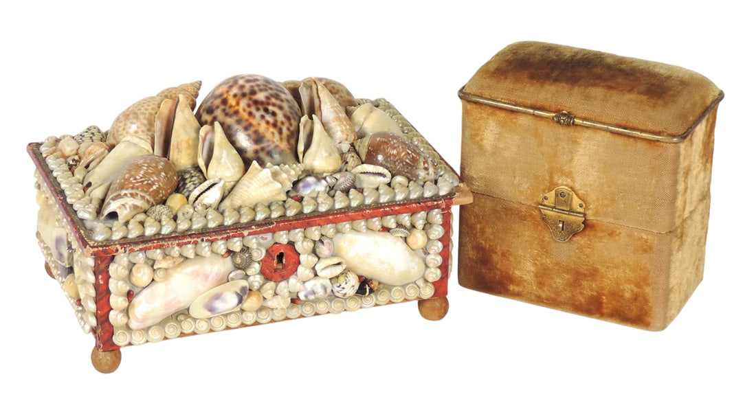Victorian & Folk Art Vanity Boxes (2), gold velvet covered wooden vanity box w/2 glass perfume bo... (1 of 2)