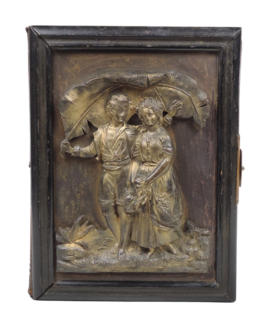 Victorian Cabinet Card Album, 24 heavy cardstock pgs, filled w/91 various Cabinet Cards, gilded b...: Victorian Cabinet Card Album, 24 heavy cardstock pgs, filled w/91 various Cabinet Cards, gilded bronze/brass clasps/accents, Bronze/gold tinted relief cover, leather wrapped wood, c. late 1800s, VG co